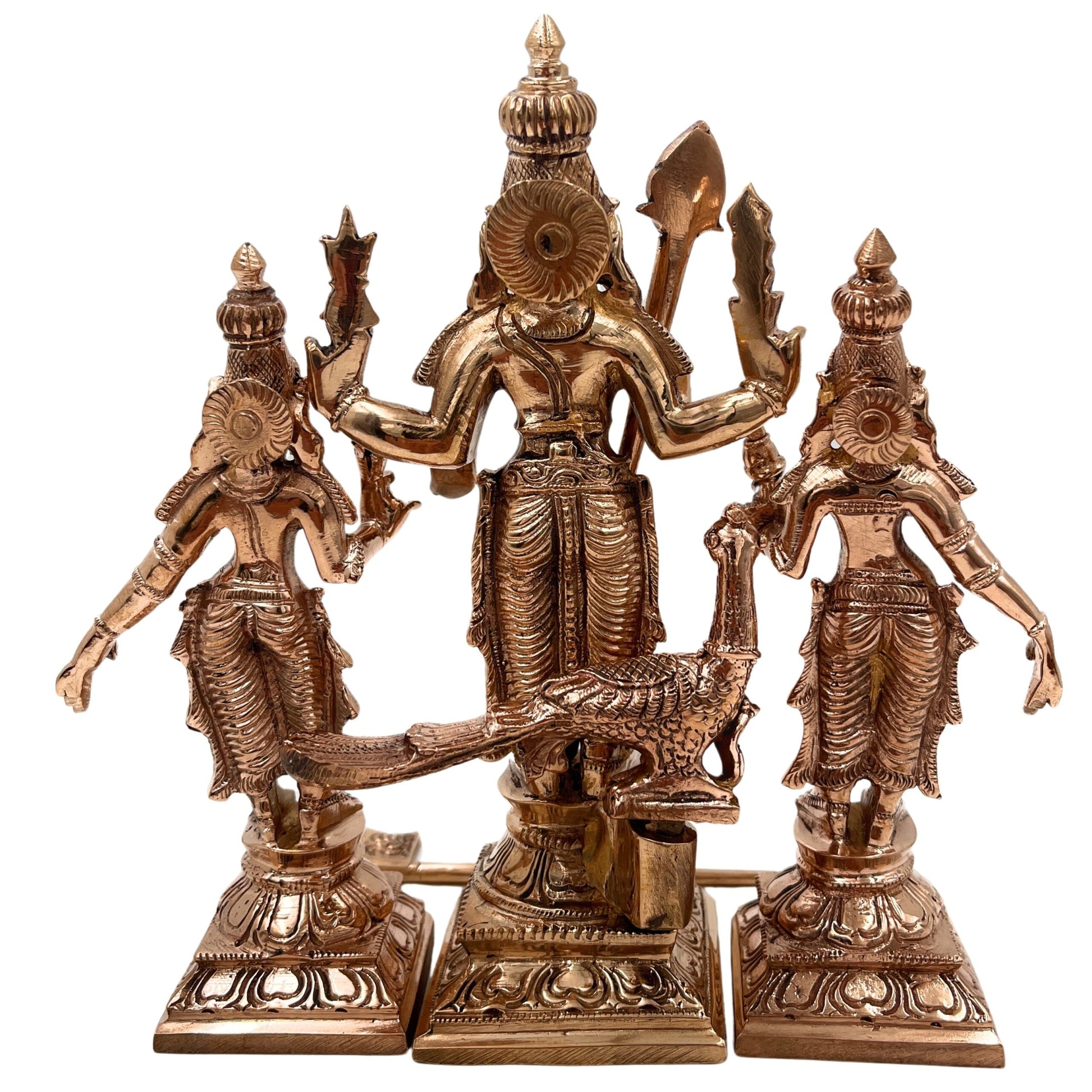 Handcrafted Bronze Murugan Idol with Valli and Devasena | Panchaloha Subramanya Kumara Swamy Skanda Sculpture | Chola Art Vel Murugan Statue for Home Temple,Gold, 7 Inch, 1 Piece