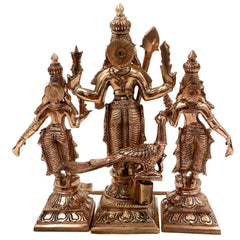 Handcrafted Bronze Murugan Idol with Valli and Devasena | Panchaloha Subramanya Kumara Swamy Skanda Sculpture | Chola Art Vel Murugan Statue for Home Temple,Gold, 7 Inch, 1 Piece
