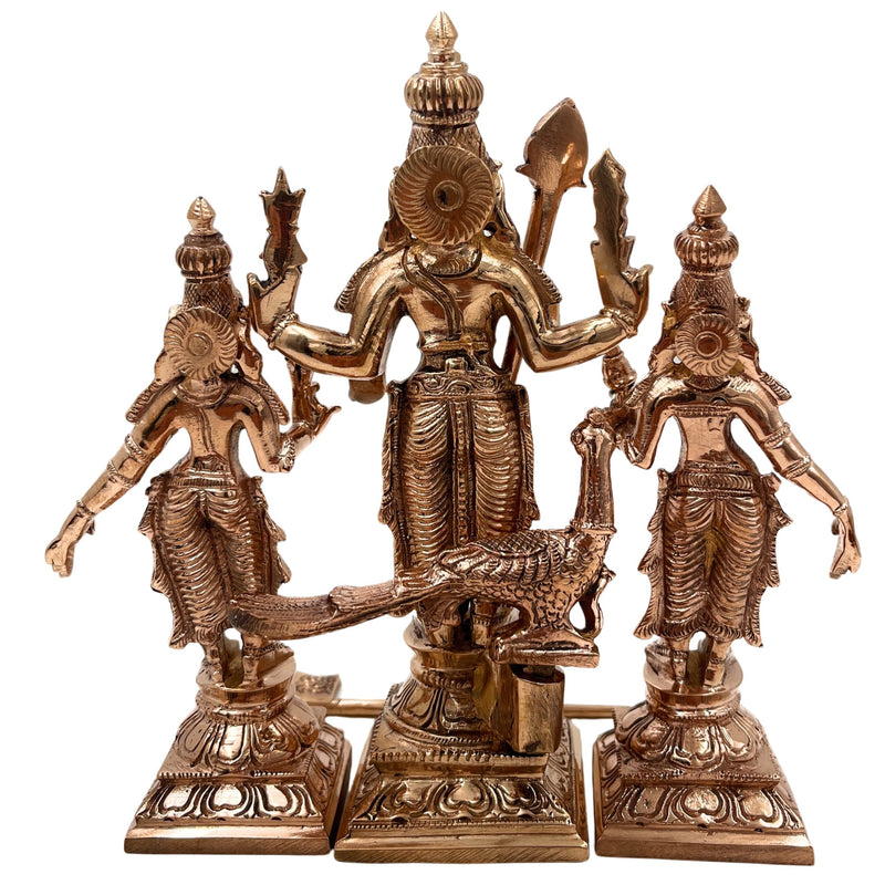 Handcrafted Bronze Murugan Idol with Valli and Devasena | Panchaloha Subramanya Kumara Swamy Skanda Sculpture | Chola Art Vel Murugan Statue for Home Temple,Gold, 7 Inch, 1 Piece