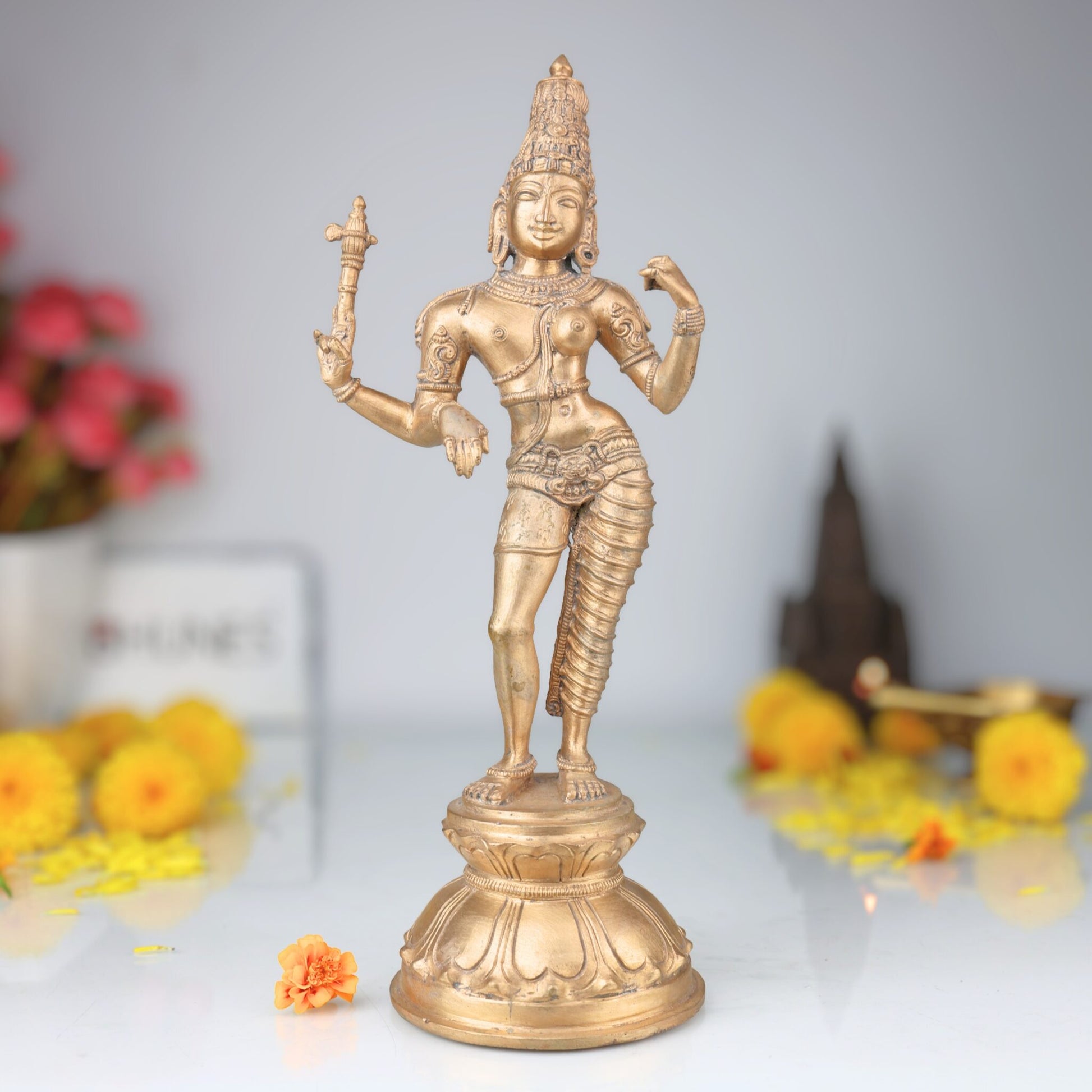 Bronze Ardhanarishvara Silai, Panchaloha Ardhanari Statue, Ardhanareshwar Murti, Shiva Parvati Idol, 13 Inch Gold, 1 Piece