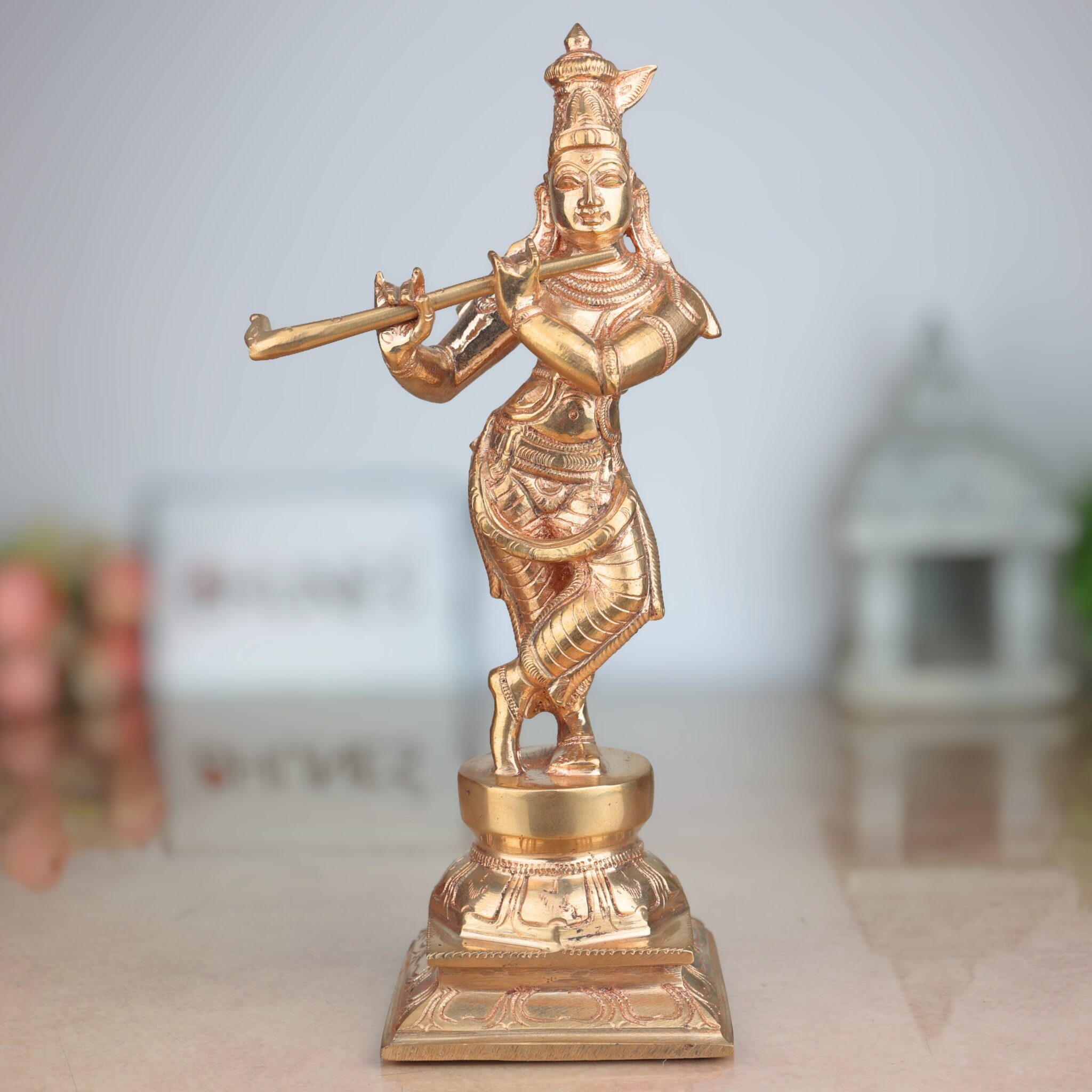 Handmade Panchaloha Bronze Krishna Idol – Lord Krishna Murti Gopal Govinda Kanha Statue for Temple, Home Decor & Gift,Gold, 10.5 Inch, 1 Piece