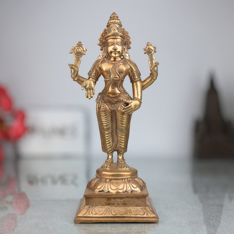 Handcrafted Bronze Vishnu Idol | Panchaloha Vishnu Murti | Narayana, Hari, Govinda Statue for Temple & Pooja,Gold, 9 Inch, 1 Piece