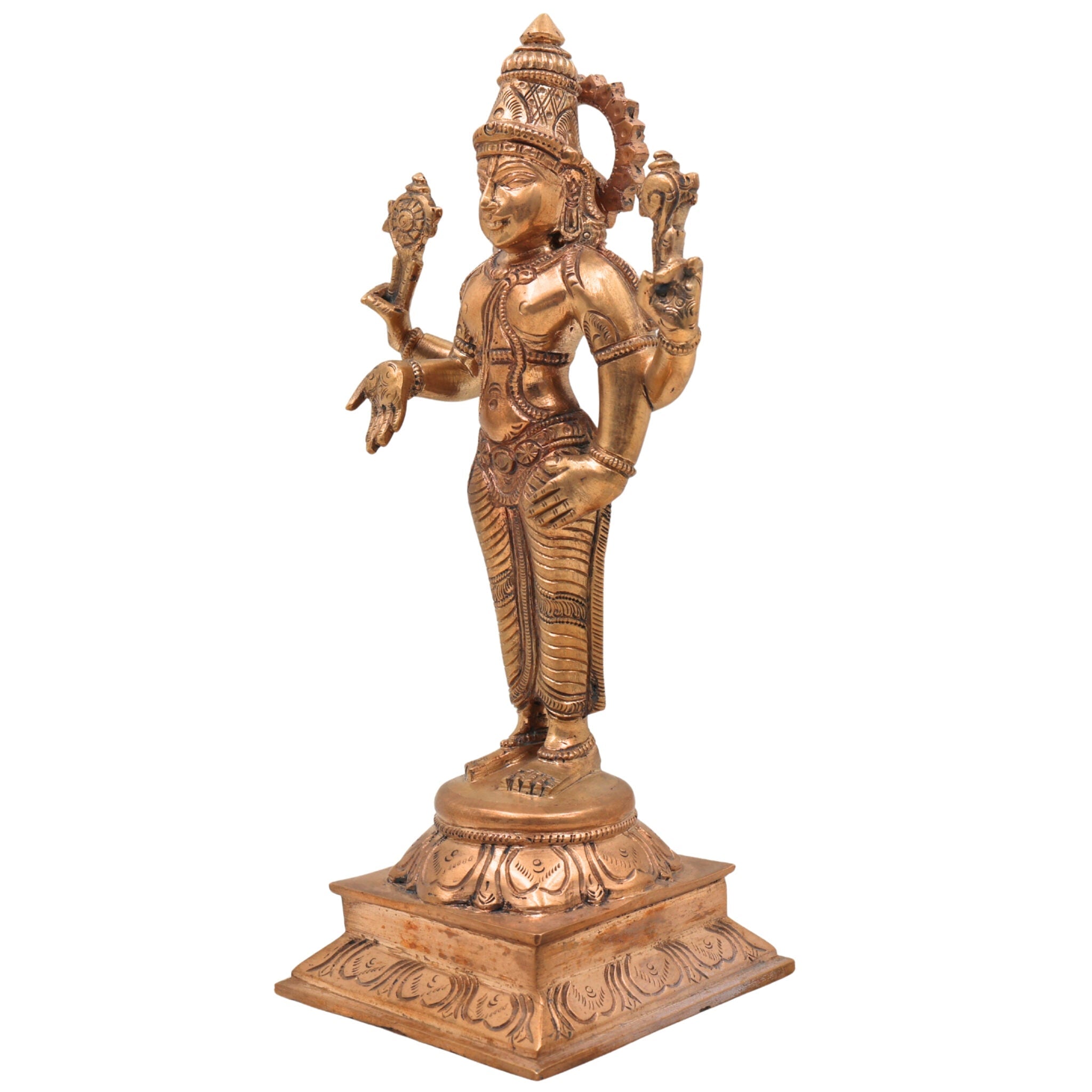 Handcrafted Bronze Vishnu Idol | Panchaloha Vishnu Murti | Narayana, Hari, Govinda Statue for Temple & Pooja,Gold, 9 Inch, 1 Piece