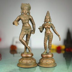 Handcrafted Bronze Panchaloha Vrishavahana Parvathi Idol, Divine Shakti Murti, South Indian Traditional Vrishabha Vahana Parvati Statue for Temple & Home Decor,Brown, 13 Inch, 1set