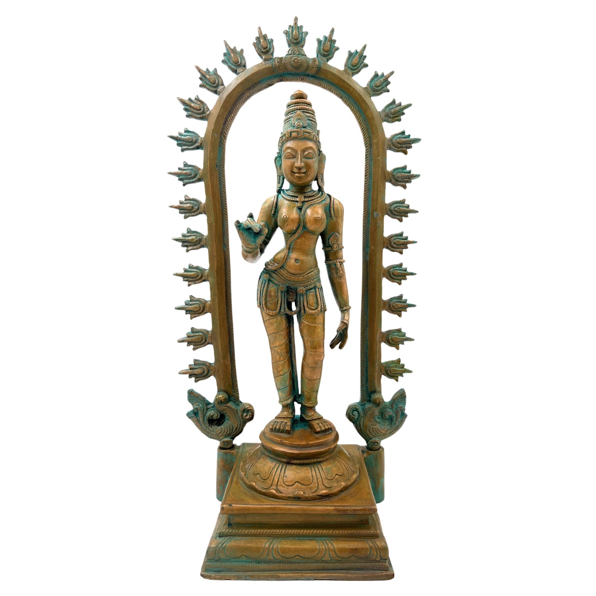 Handcrafted Bronze Goddess Parvati Idol, Panchadhatu Adi Parashakti Silai, Parvati Murti for Pooja, Home Decor, Bhoga Shakti Sculpture, Brown, 15 Inch, 1 Piece