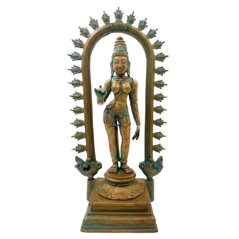 Handcrafted Bronze Goddess Parvati Idol, Panchadhatu Adi Parashakti Silai, Parvati Murti for Pooja, Home Decor, Bhoga Shakti Sculpture, Brown, 15 Inch, 1 Piece