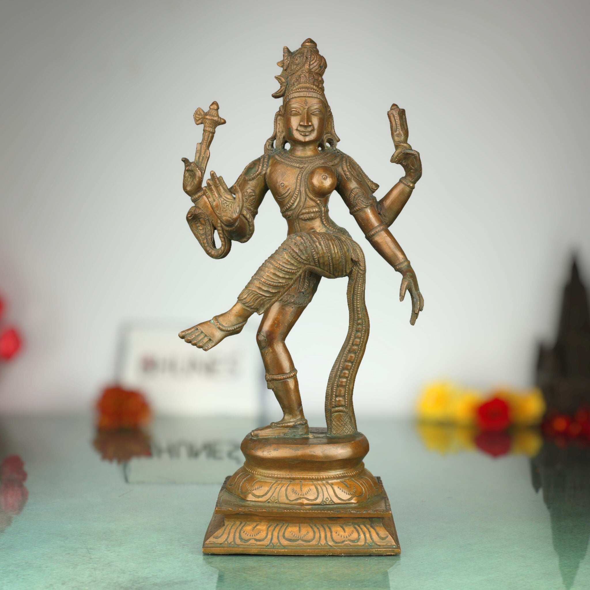 Bronze Ardhanarishvara Idol | Panchaloha Ardhanari Ishwara Shiva Parvati Murti | Handcrafted Chola Art Ardhanareeshwarar Sculpture, 13 Inch, Brown, 1 Piece