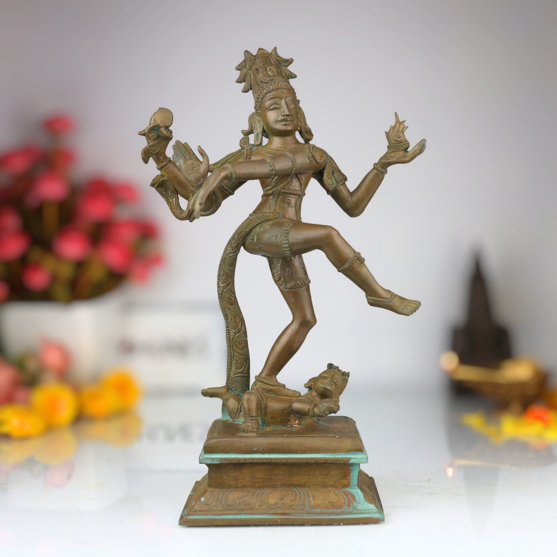 Handcrafted Bronze Dancing Nataraja Idol, Hindu God Shiva Statue, Natraj Murti, Panchaloha Nataraja Vigraha, Chola Art Natraja Silai, Brown, 13.5 Inch, 1 Piece