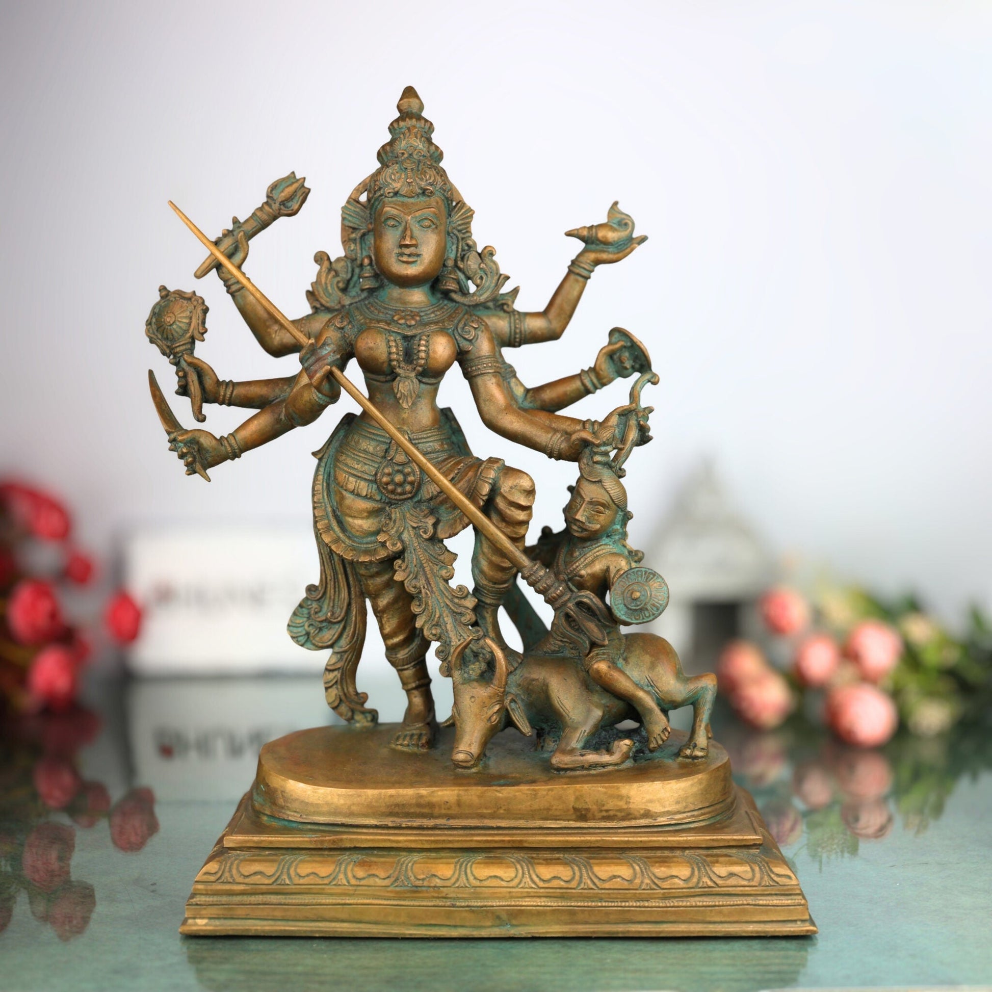 Handcrafted Bronze Durga Devi Idol | Mahishasura Mardini Simhavahini Shakti Murti in Panchaloha for Temple & Home,Brown, 16 Inch, 1 Piece
