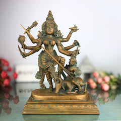 Handcrafted Bronze Durga Devi Idol | Mahishasura Mardini Simhavahini Shakti Murti in Panchaloha for Temple & Home,Brown, 16 Inch, 1 Piece