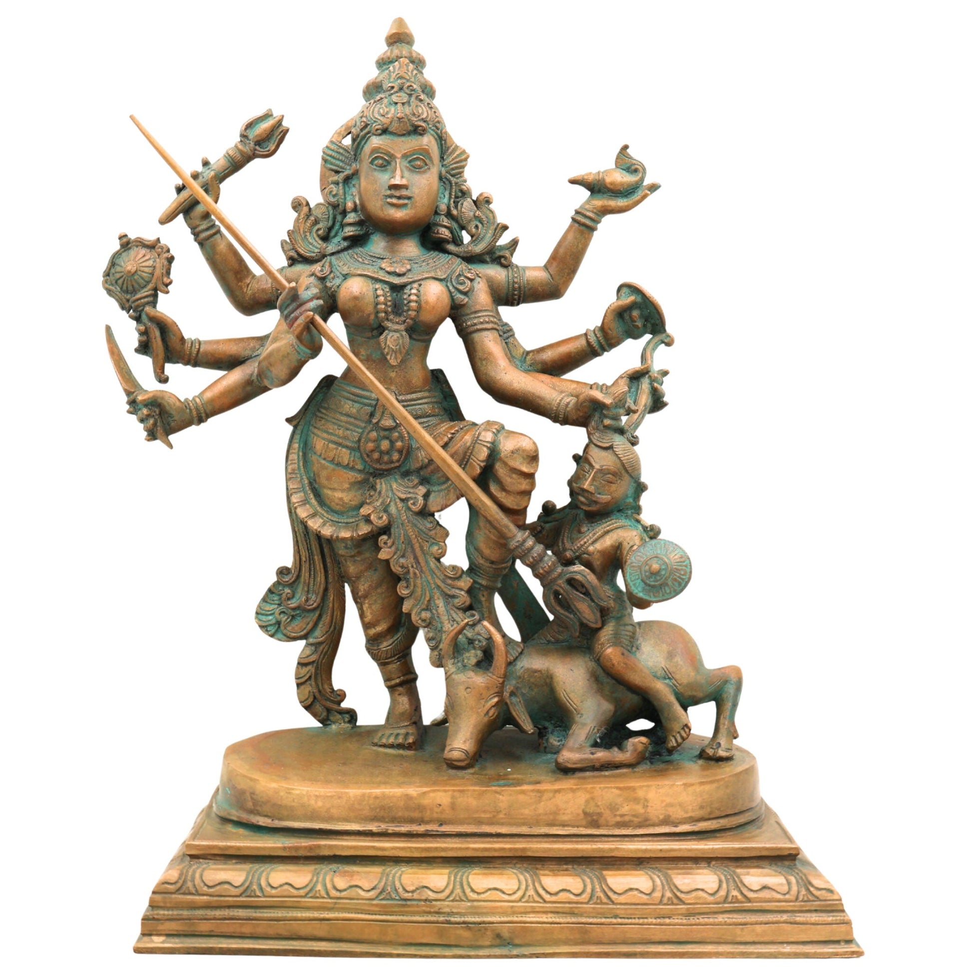 Handcrafted Bronze Durga Devi Idol | Mahishasura Mardini Simhavahini Shakti Murti in Panchaloha for Temple & Home,Brown, 16 Inch, 1 Piece
