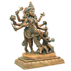 Handcrafted Bronze Durga Devi Idol | Mahishasura Mardini Simhavahini Shakti Murti in Panchaloha for Temple & Home,Brown, 16 Inch, 1 Piece