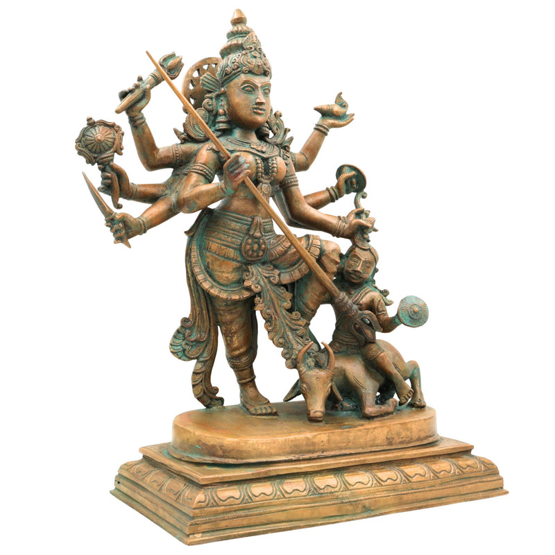 Handcrafted Bronze Durga Devi Idol | Mahishasura Mardini Simhavahini Shakti Murti in Panchaloha for Temple & Home,Brown, 16 Inch, 1 Piece