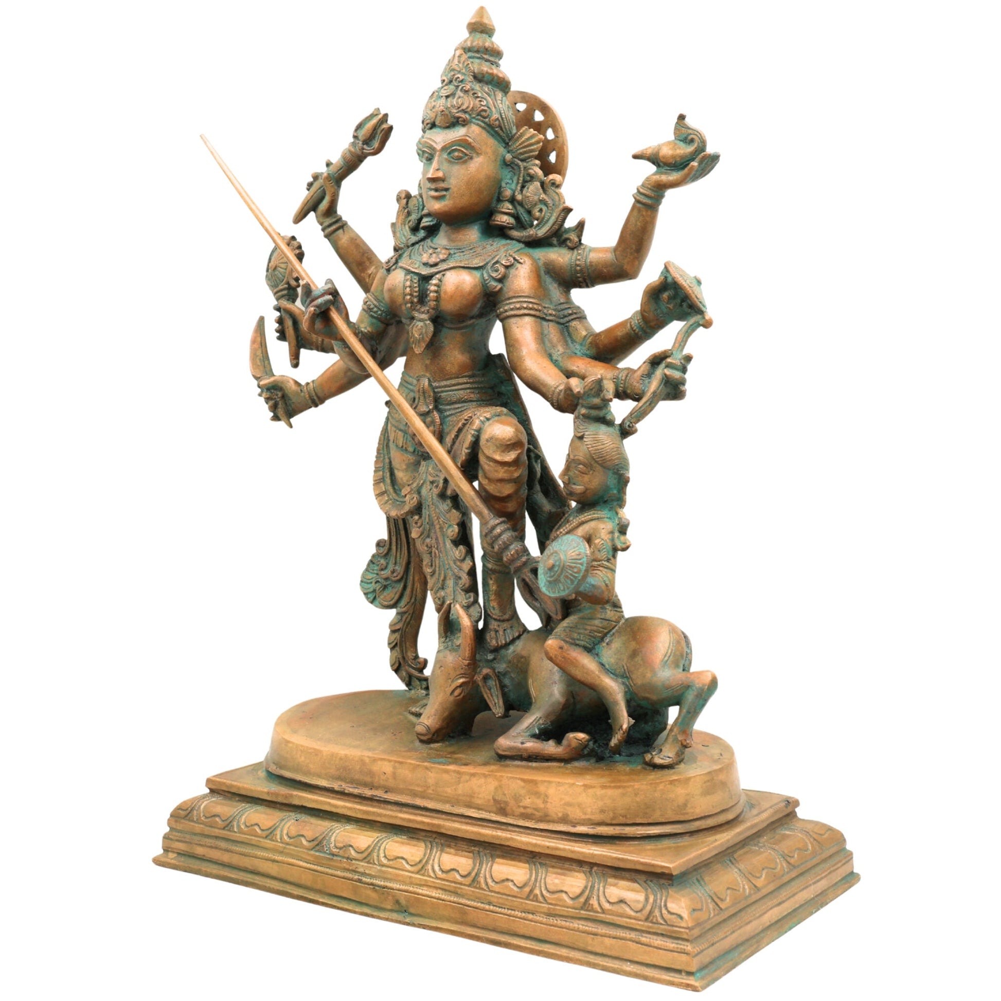 Handcrafted Bronze Durga Devi Idol | Mahishasura Mardini Simhavahini Shakti Murti in Panchaloha for Temple & Home,Brown, 16 Inch, 1 Piece