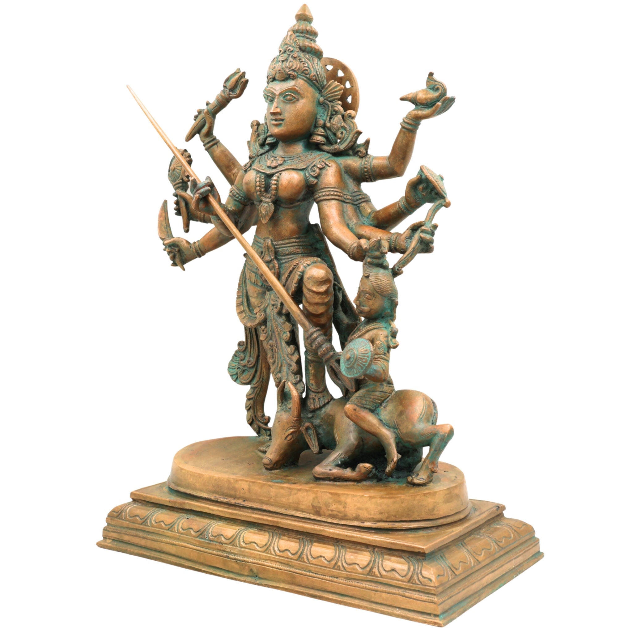 Handcrafted Bronze Durga Devi Idol | Mahishasura Mardini Simhavahini Shakti Murti in Panchaloha for Temple & Home,Brown, 16 Inch, 1 Piece