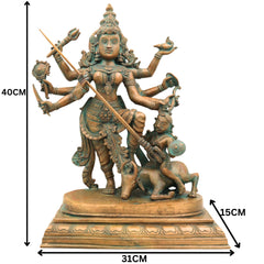 Handcrafted Bronze Durga Devi Idol | Mahishasura Mardini Simhavahini Shakti Murti in Panchaloha for Temple & Home,Brown, 16 Inch, 1 Piece
