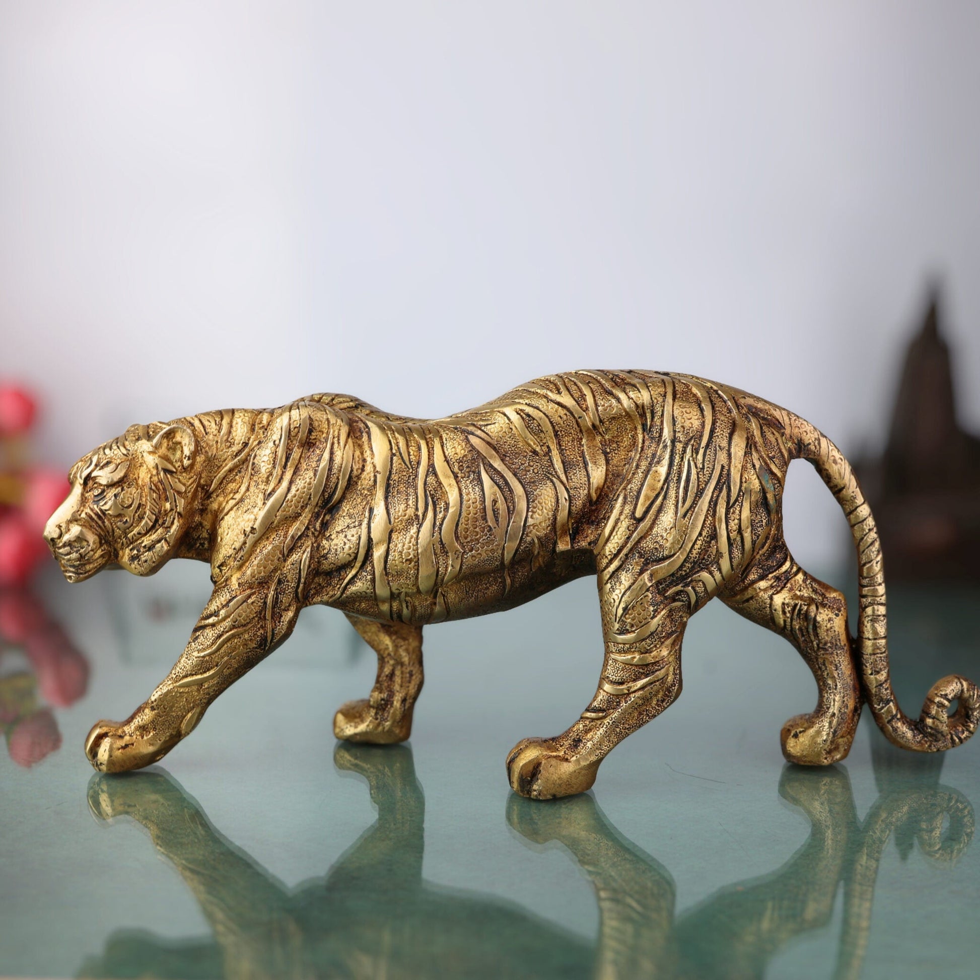 Brass Tiger Idol Shera Vyaghra Baagh Murti | Handcrafted Peetal Pittal Sculpture | Indian Tiger Figurine for Home Decor & Temple