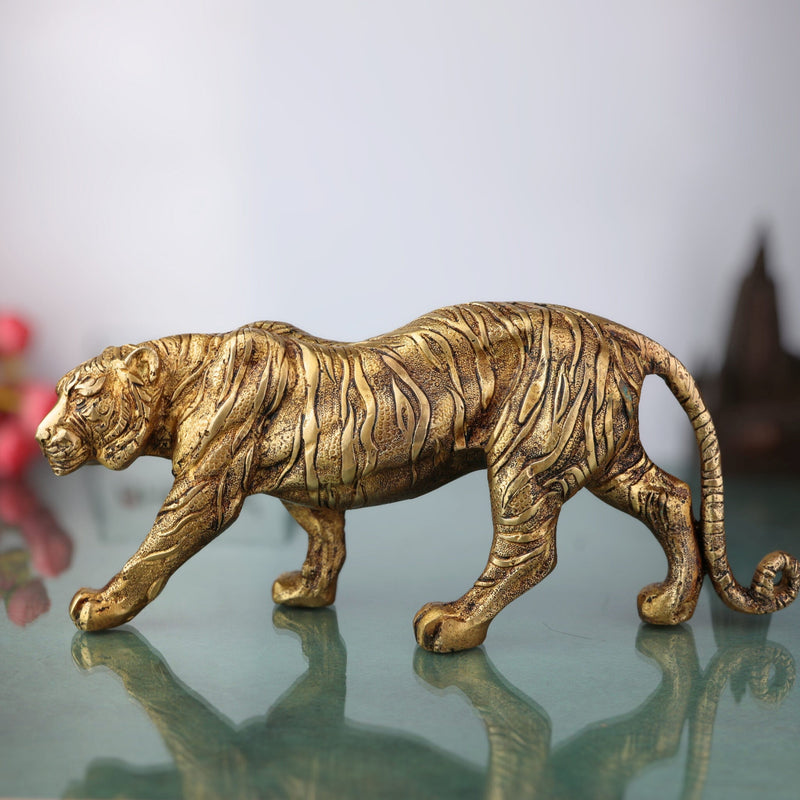 Brass Tiger Idol Shera Vyaghra Baagh Murti | Handcrafted Peetal Pittal Sculpture | Indian Tiger Figurine for Home Decor & Temple