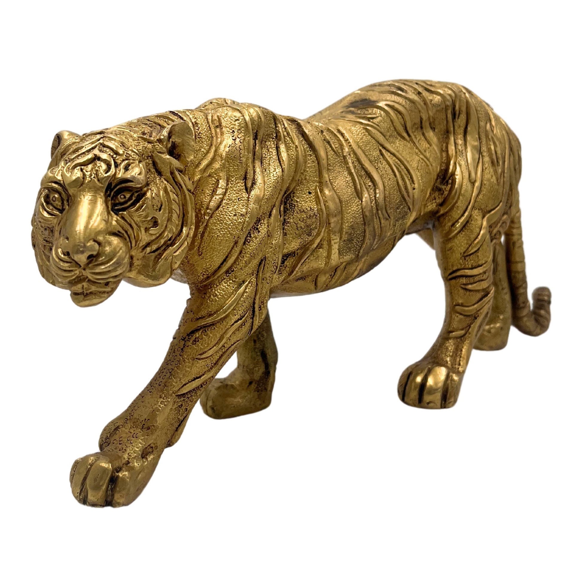 Brass Tiger Idol Shera Vyaghra Baagh Murti | Handcrafted Peetal Pittal Sculpture | Indian Tiger Figurine for Home Decor & Temple