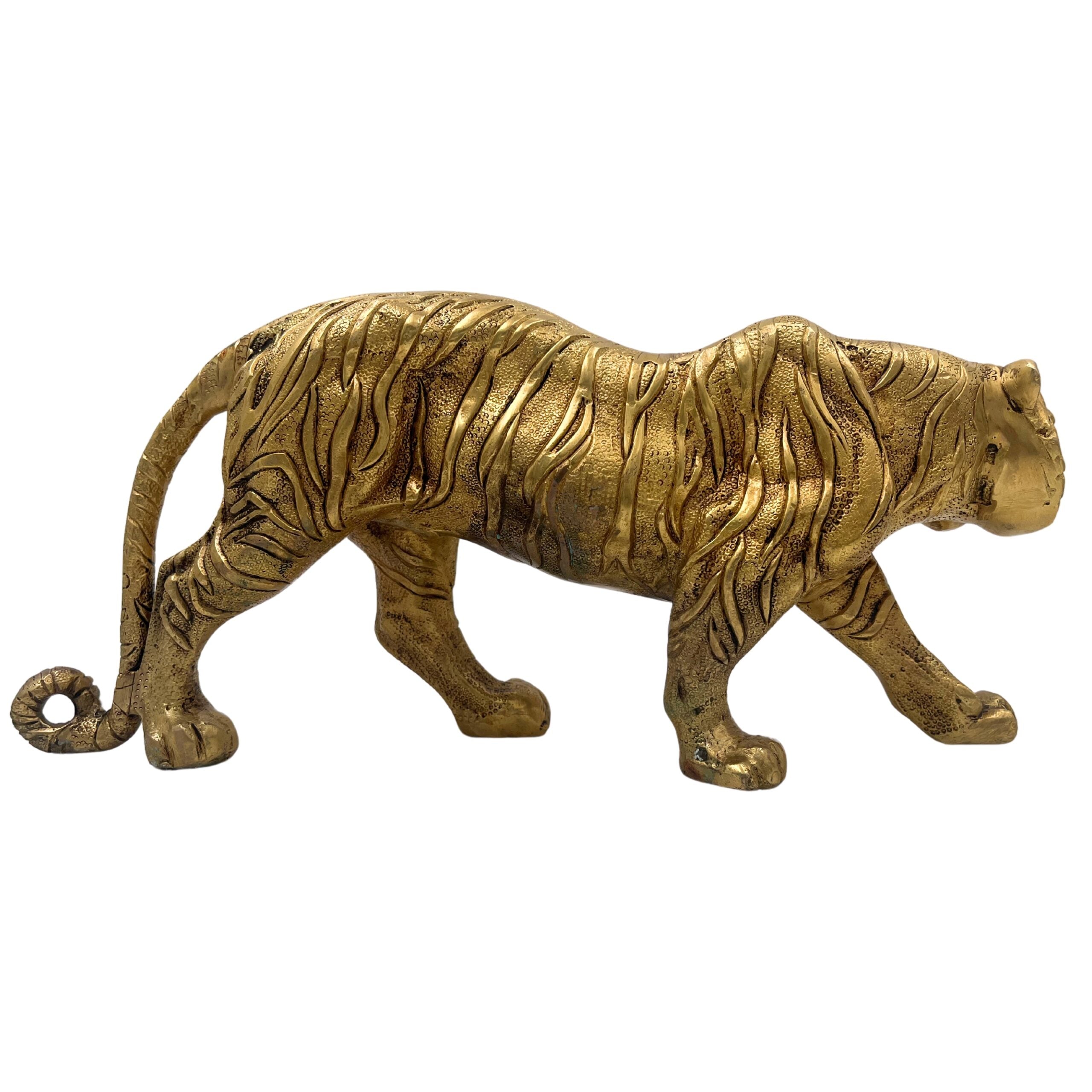 Brass Tiger Idol Shera Vyaghra Baagh Murti | Handcrafted Peetal Pittal Sculpture | Indian Tiger Figurine for Home Decor & Temple