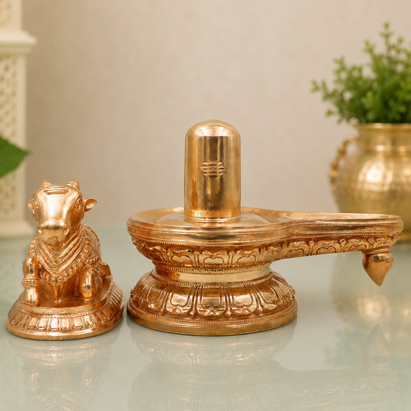 Bronze Shiva Lingam with Nandishwar Idol, Handcrafted Chola Mahadev Shivling Murti for Pooja, Home Temple & Gifting, Gold, 6.5 Inch, 1 Piece