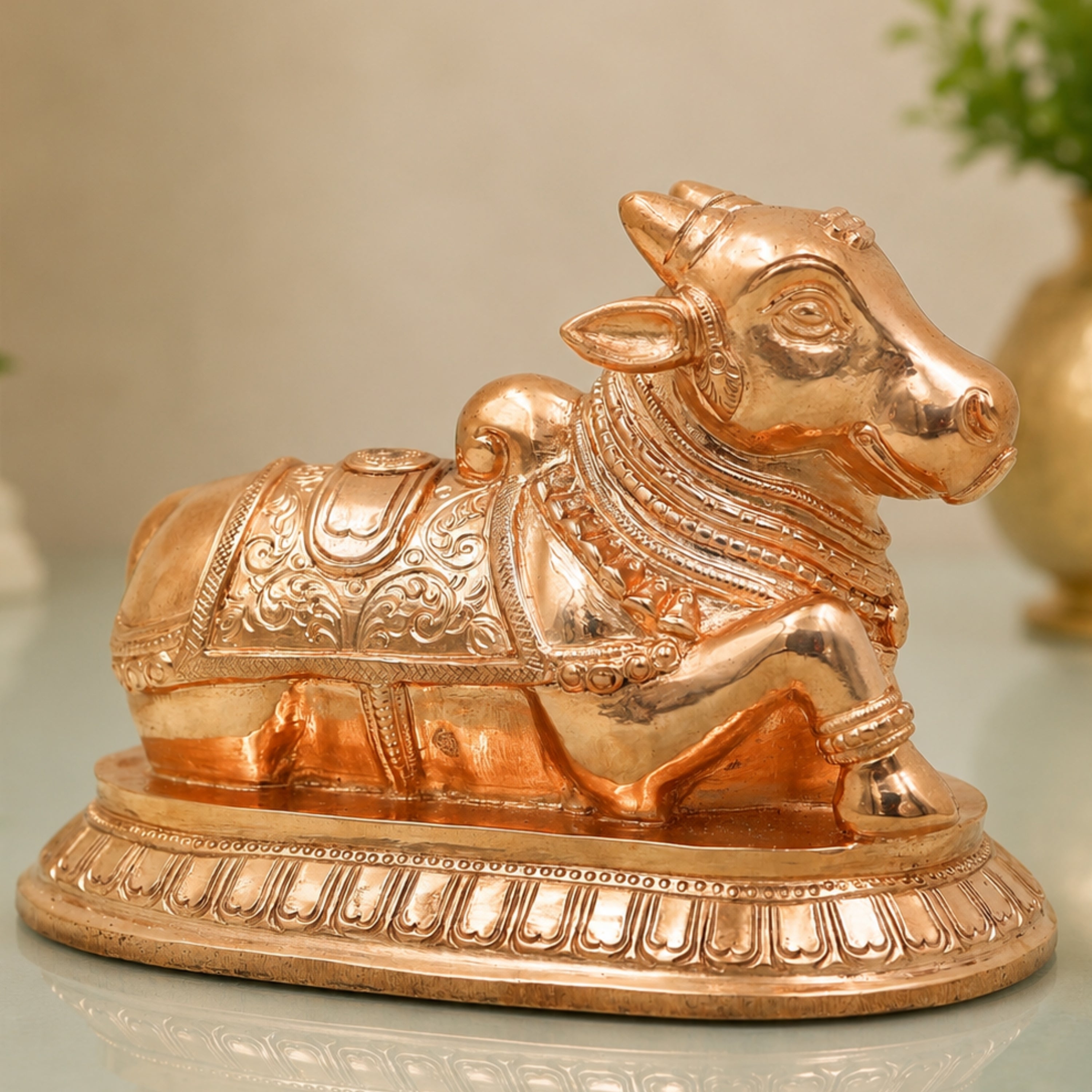 Handcrafted Chola Bronze Nandi Idol Nandikeshwara Shiva Vahana Murti for Pooja, Home Temple, Vastu & Gifting, Gold, 4.5 Inch, 1 Piece
