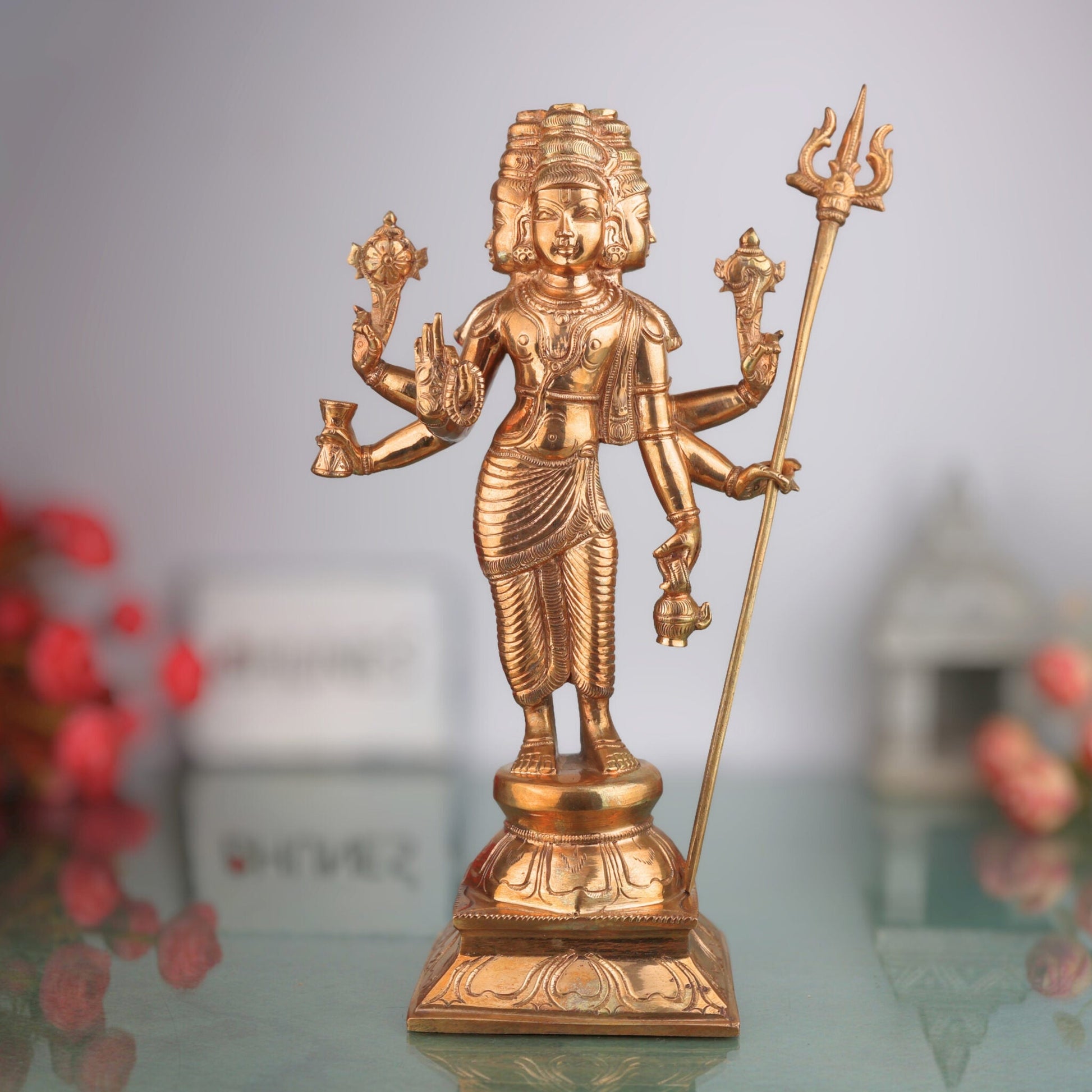 Handcrafted Panchaloha Bronze Dattatreya Idol | Trimurti Datta, Gurudev Datta, Avadhuta Datta Chola Art Sculpture for Home Temple & Pooja, Gold,13inch,1pice