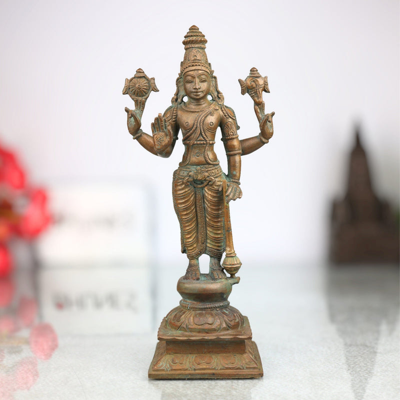 Handcrafted Panchaloha Bronze Vishnu Idol | Traditional Narayana Murti for Temple & Home Pooja | Artisan Made Vishnu Statue with Shilpa Shastras,Brown,9Inch,1pice