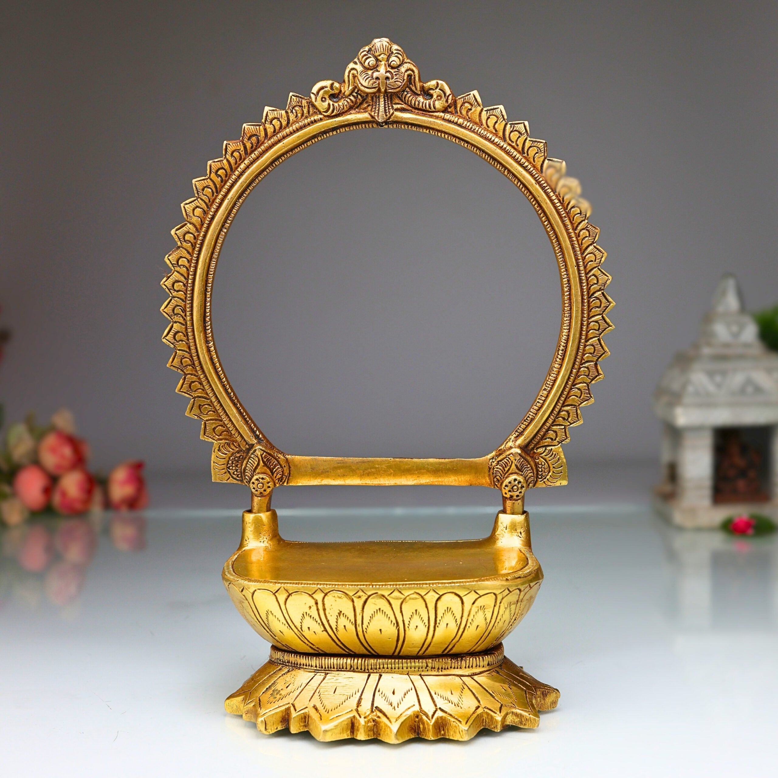 Bhunes Brass Chowki with Prabhavali, Handmade Deity Stand, Temple Singhasan, Peetha Bajot for Idols, Pooja Mandir Platform, Shinghashan with Arch, Gold, 10.5 Inch, 1 Piece