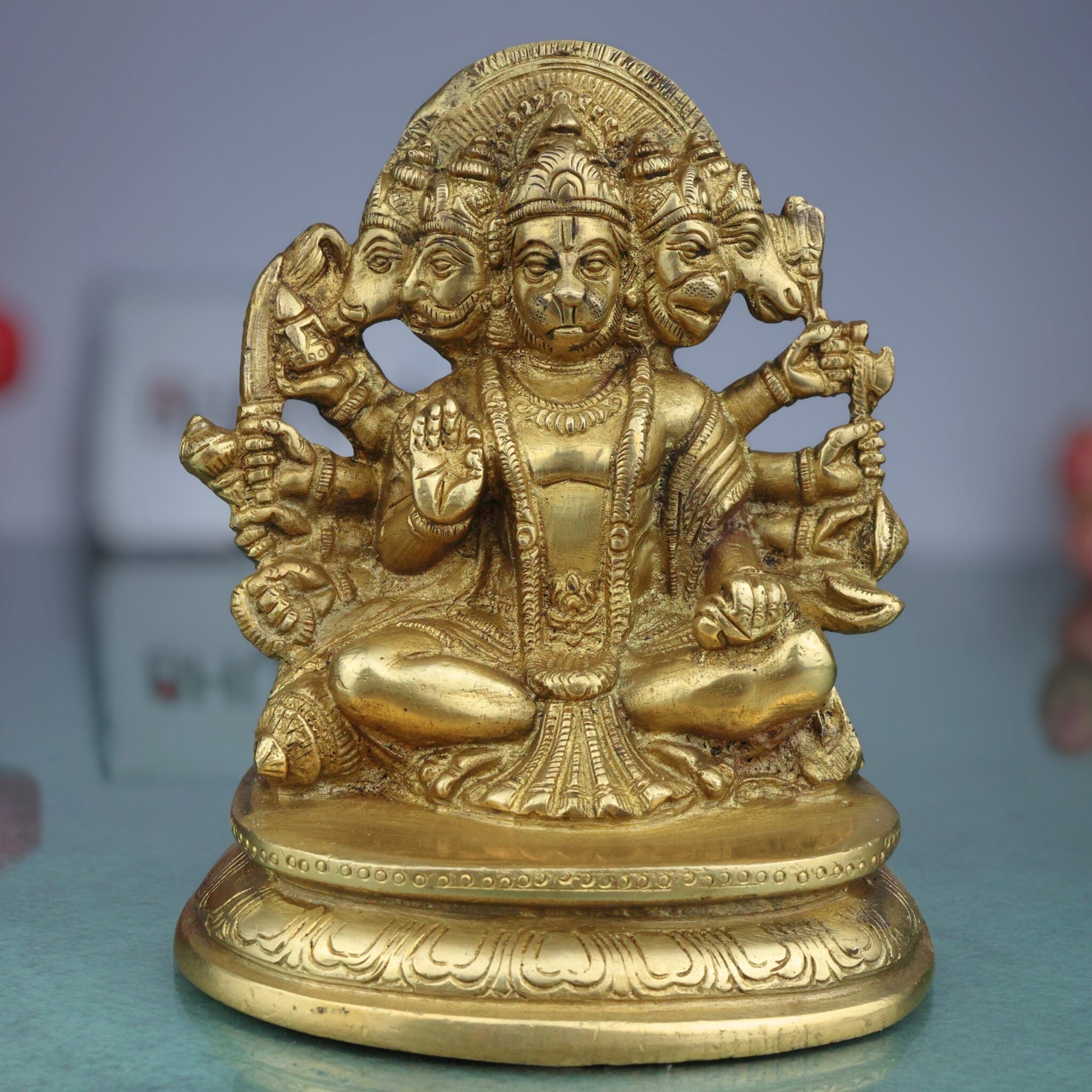 Panchmukhi Hanuman Brass Idol | Bajrang Bali Anjaneya Vayuputra Murti for Home Temple Pooja Decor,Gold, 6.5 Inch, 1 Piece