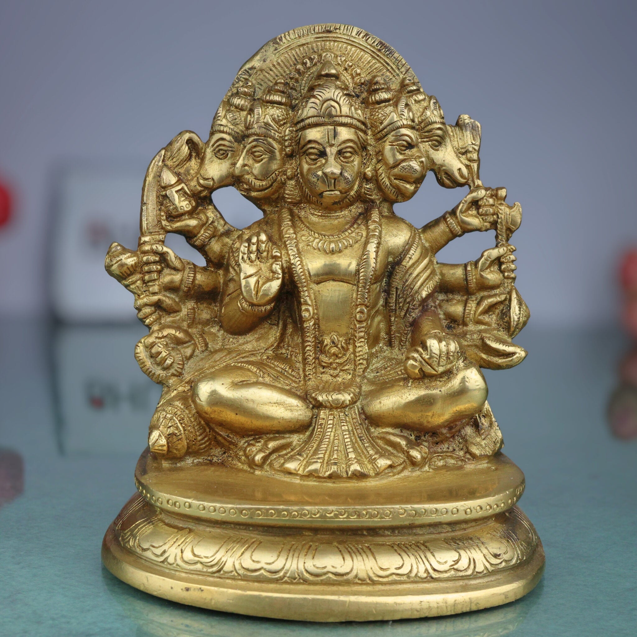 Panchmukhi Hanuman Brass Idol | Bajrang Bali Anjaneya Vayuputra Murti for Home Temple Pooja Decor,Gold, 6.5 Inch, 1 Piece