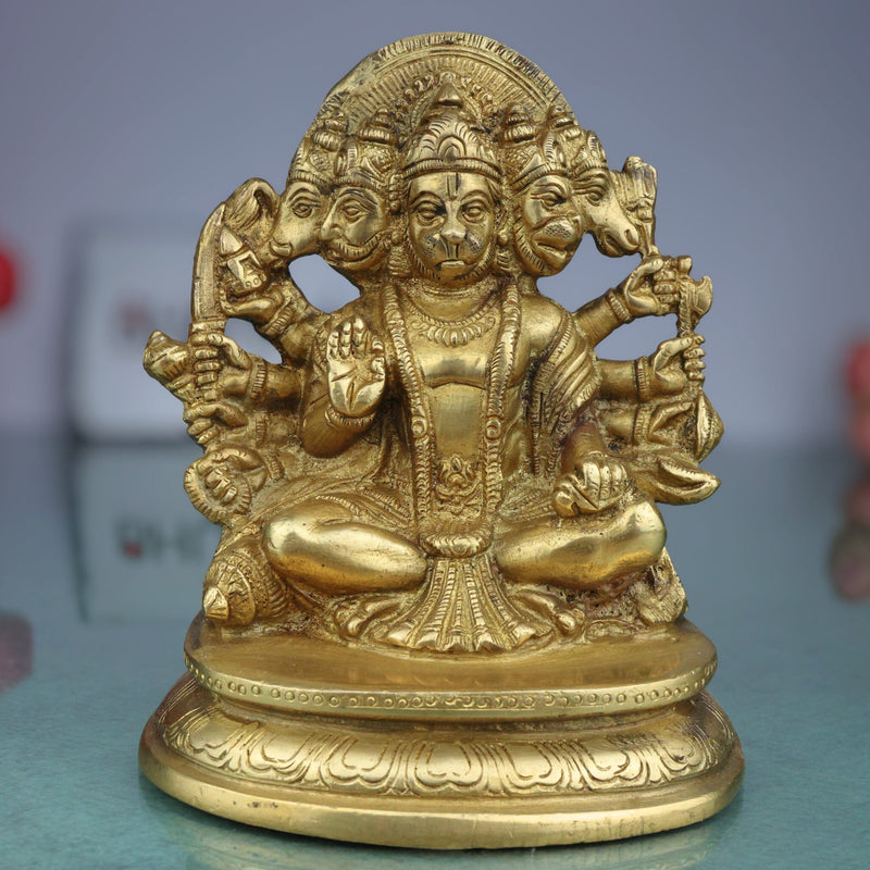 Panchmukhi Hanuman Brass Idol | Bajrang Bali Anjaneya Vayuputra Murti for Home Temple Pooja Decor,Gold, 6.5 Inch, 1 Piece