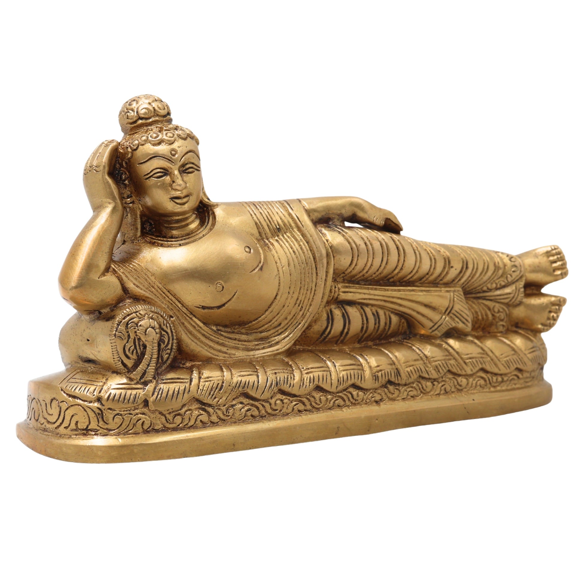 Sleeping Buddha Brass Idol, Handcrafted Buddha Statue, Meditating Buddha Murti, Reclining Buddha Figurine for Home Decor, Temple, Pooja, Office & Gifts,Gold, 3.5 Inch, 1 Piece