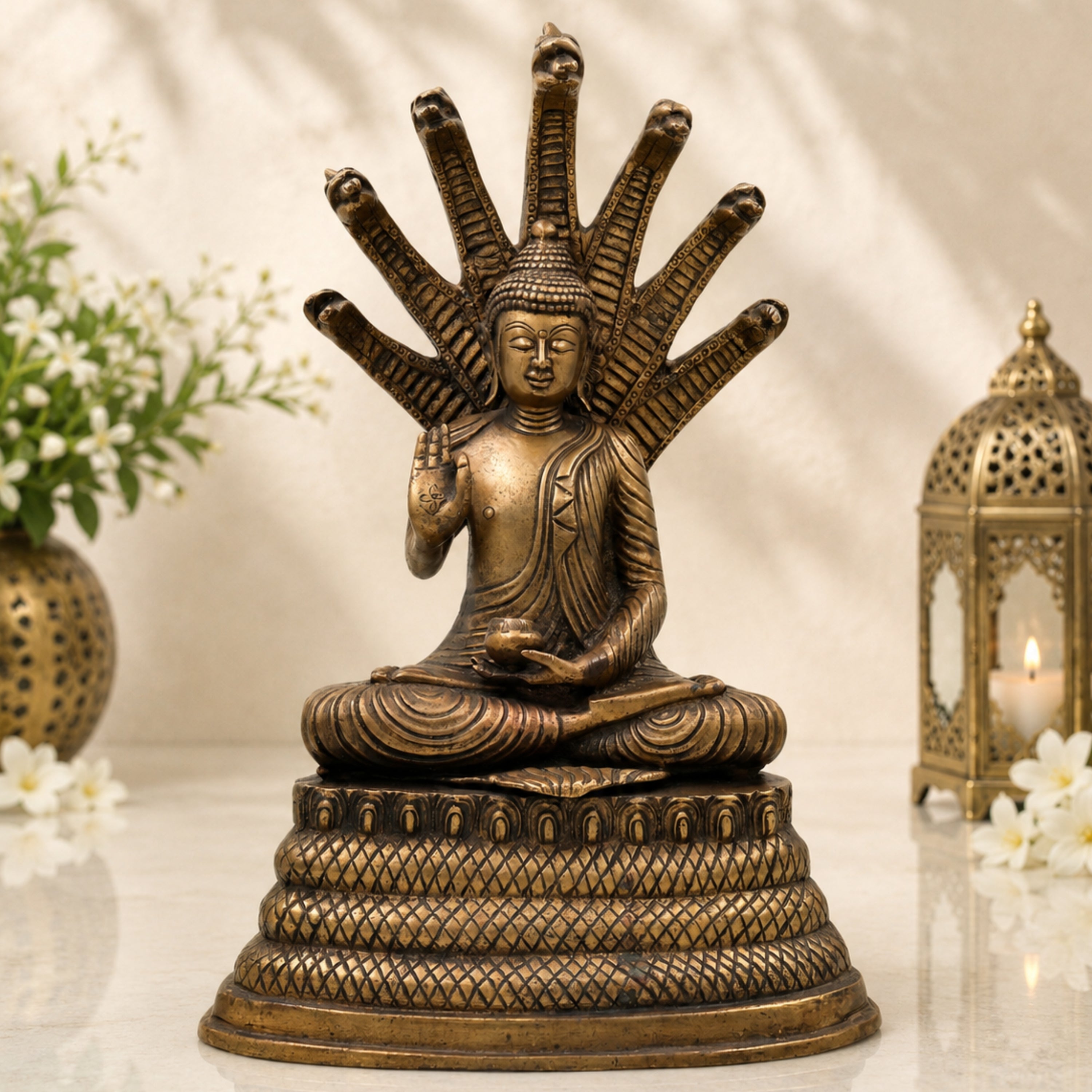 Brass Buddha Idol with Seven Snake Naga – Handcrafted Meditating Buddha Murti, Spiritual Buddha Statue for Home, Temple, Office Decor & Gifts,Brown, 14.5 Inch, 1 Piece