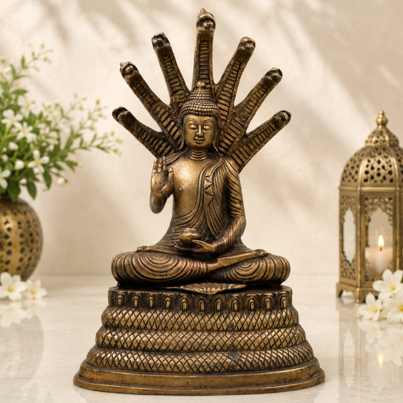 Brass Buddha Idol with Seven Snake Naga – Handcrafted Meditating Buddha Murti, Spiritual Buddha Statue for Home, Temple, Office Decor & Gifts,Brown, 14.5 Inch, 1 Piece