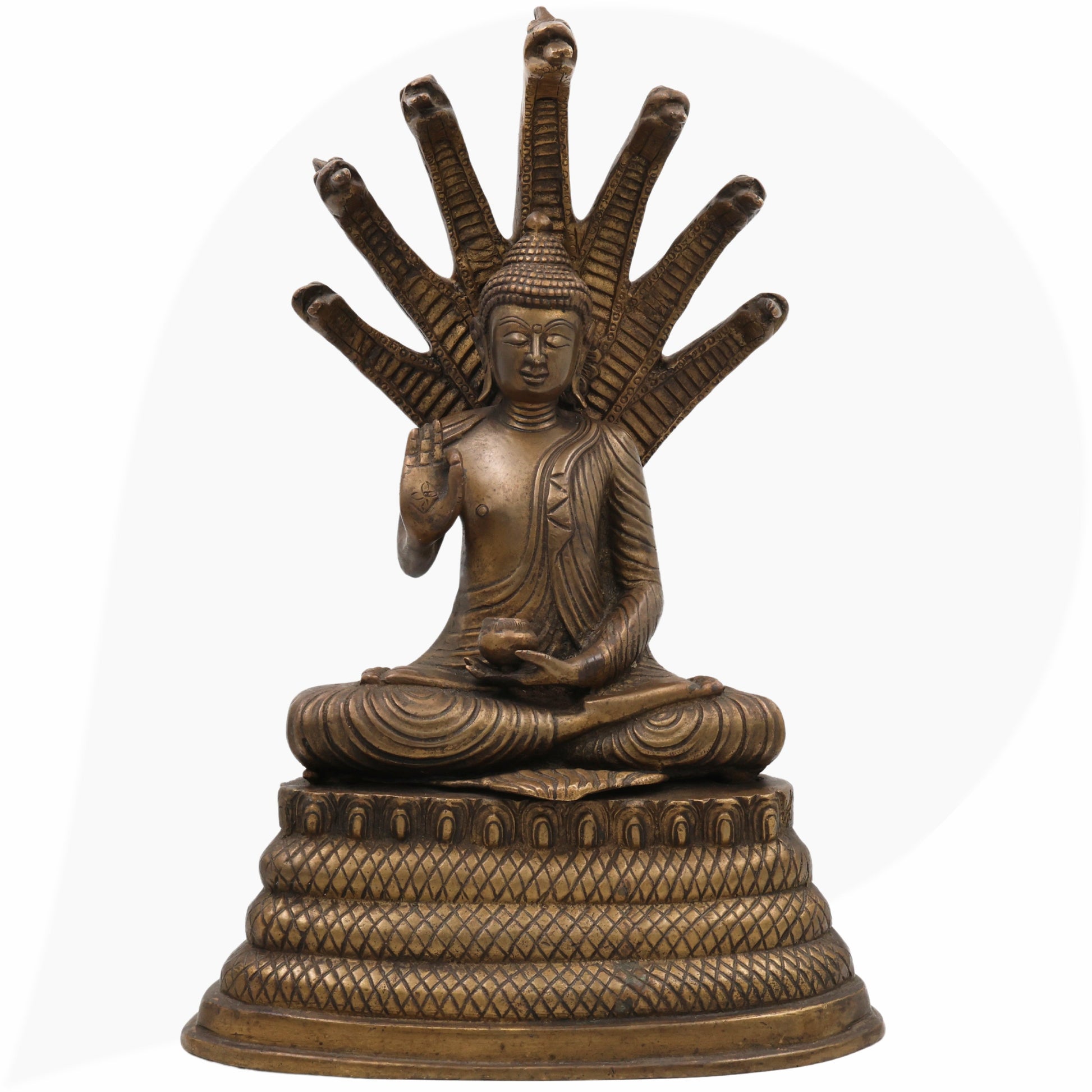Brass Buddha Idol with Seven Snake Naga – Handcrafted Meditating Buddha Murti, Spiritual Buddha Statue for Home, Temple, Office Decor & Gifts,Brown, 14.5 Inch, 1 Piece
