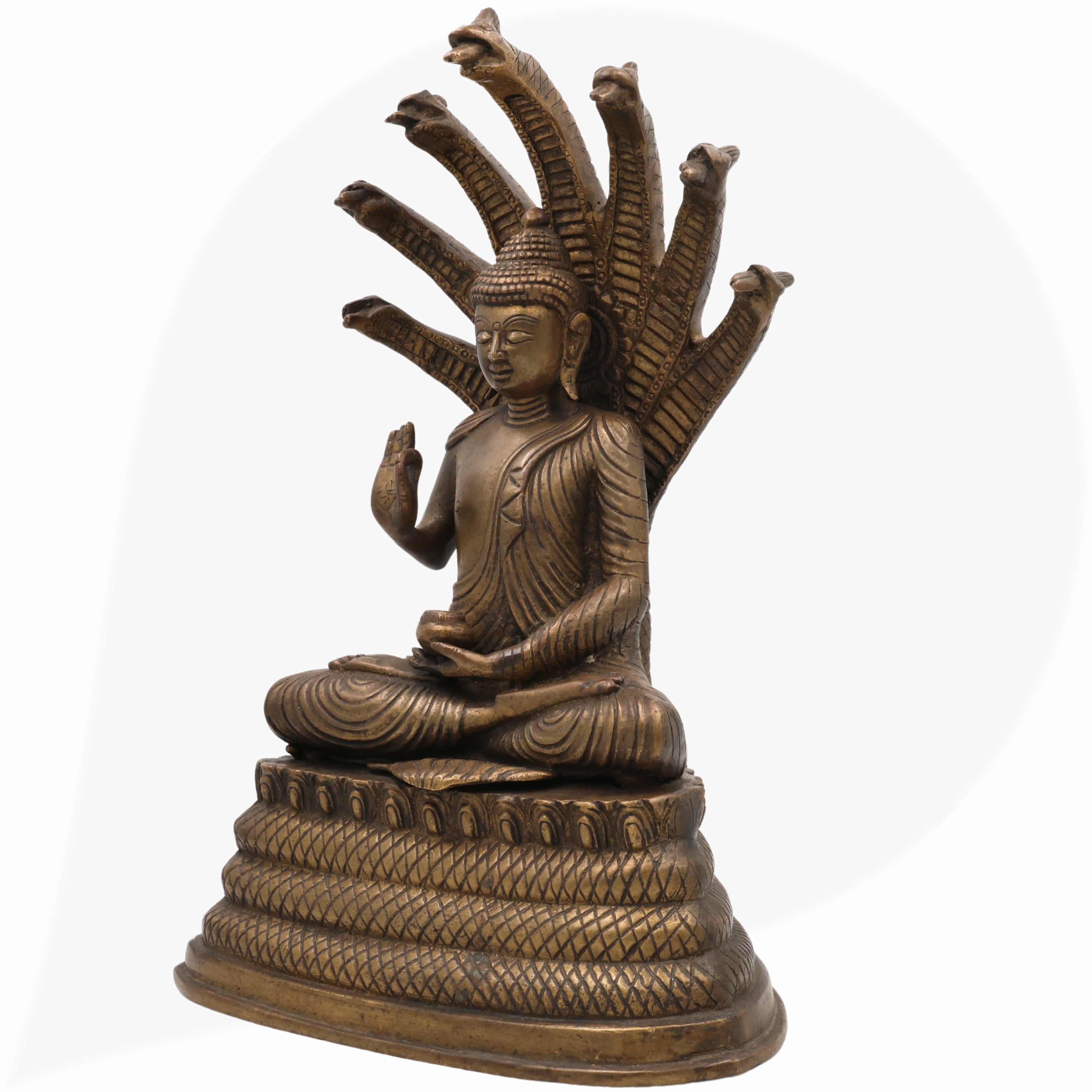 Brass Buddha Idol with Seven Snake Naga – Handcrafted Meditating Buddha Murti, Spiritual Buddha Statue for Home, Temple, Office Decor & Gifts,Brown, 14.5 Inch, 1 Piece