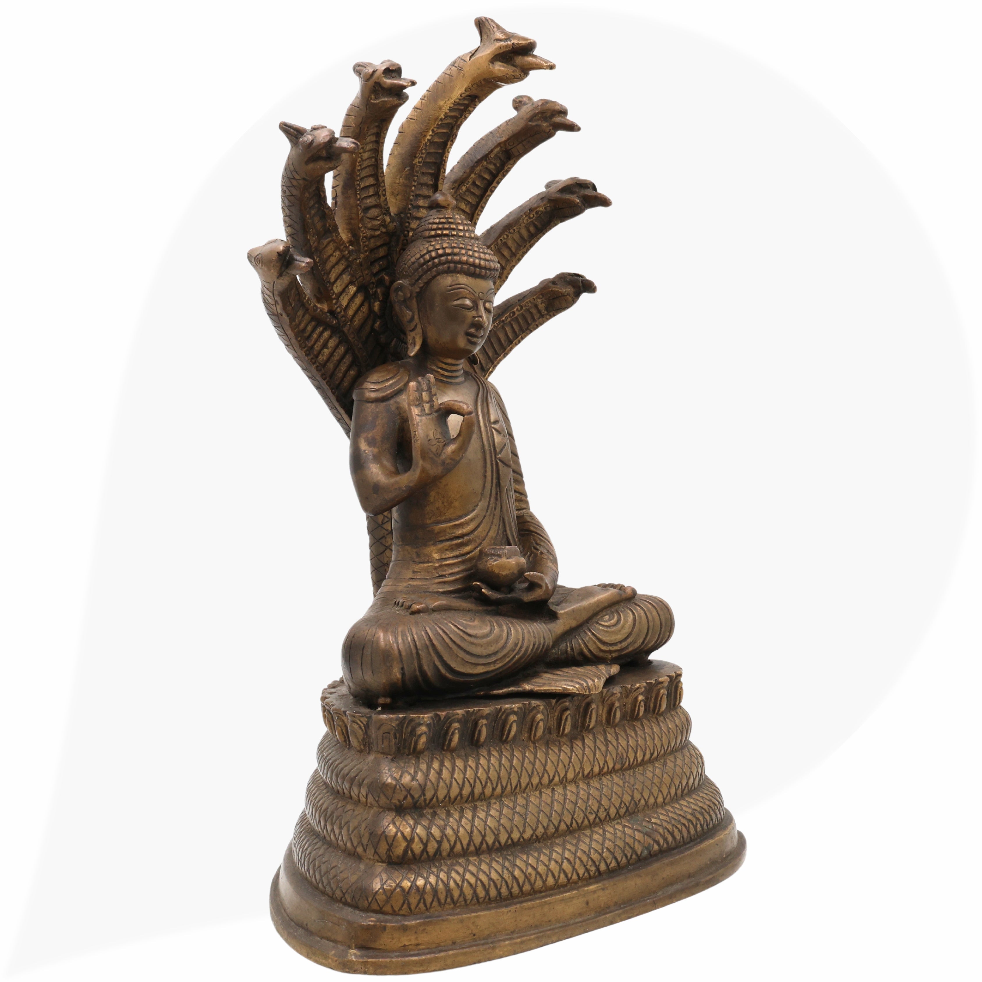 Brass Buddha Idol with Seven Snake Naga – Handcrafted Meditating Buddha Murti, Spiritual Buddha Statue for Home, Temple, Office Decor & Gifts,Brown, 14.5 Inch, 1 Piece