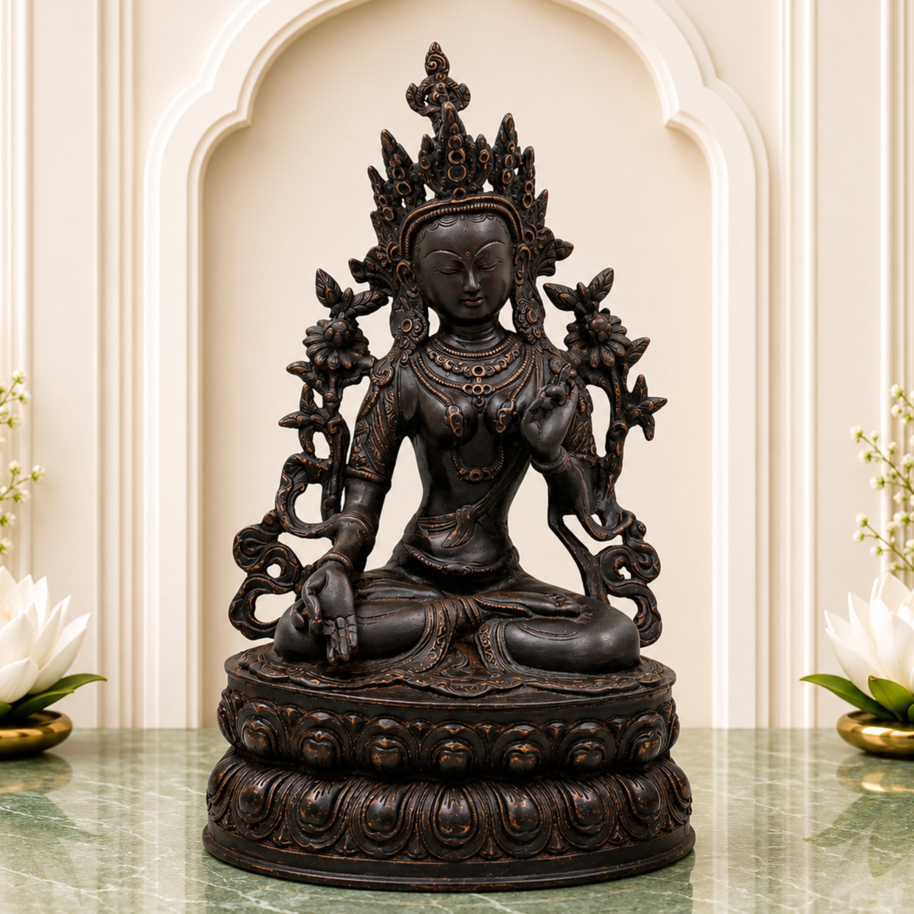 Tibetan Tara Maa Brass Idol – Green Tara, White Tara, Jetsun Dolma Murti, Handmade Brass Statue for Home, Temple & Puja Decor,Black, 13.5 Inch, 1 Piece