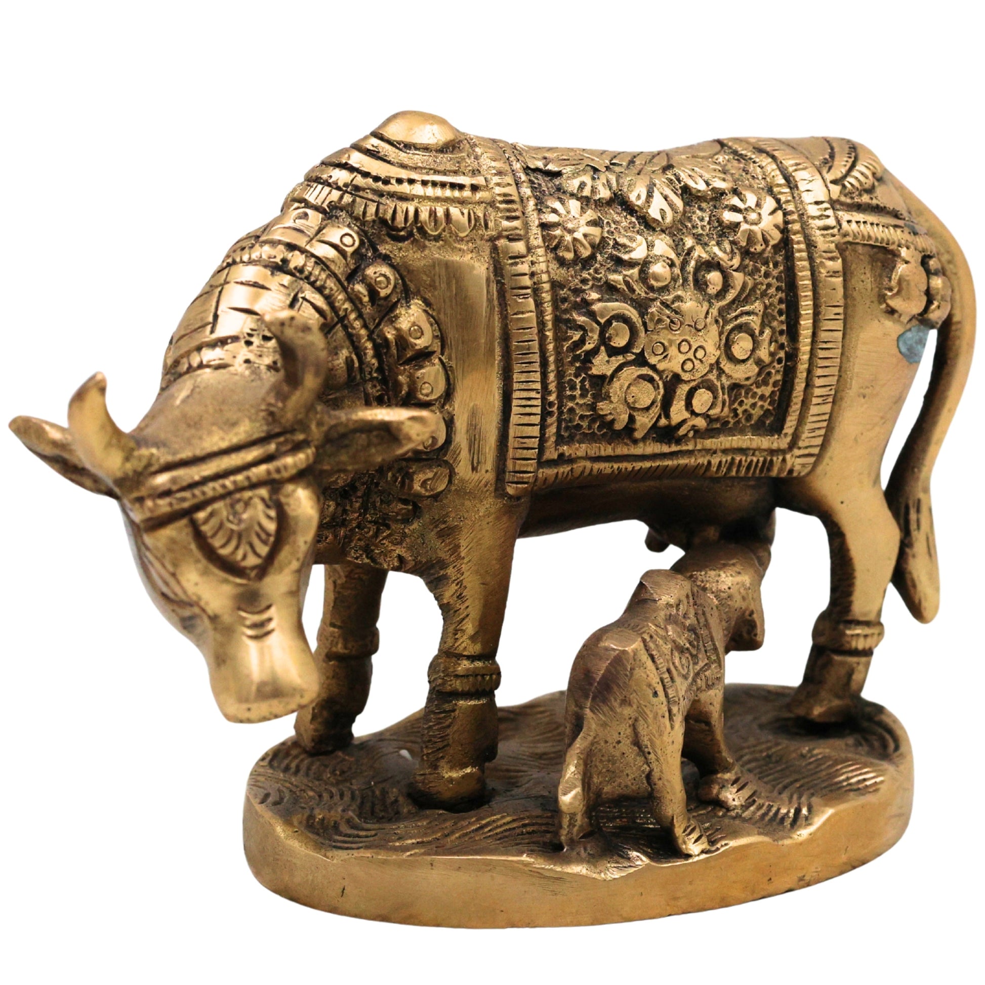 Handcrafted Brass Kamadhenu Idol, Surabhi Cow Sculpture, Divine Gomata Murti for Home, Temple, Puja & Gifting,Gold, 3.5 Inch, 1 Piece