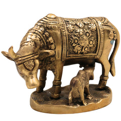 Handcrafted Brass Kamadhenu Idol, Surabhi Cow Sculpture, Divine Gomata Murti for Home, Temple, Puja & Gifting,Gold, 3.5 Inch, 1 Piece