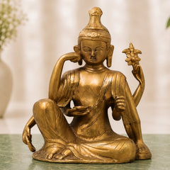 Brass Lokeshwar Buddha Idol, Avalokiteshvara Murti, Bodhisattva of Compassion Vigraha, Home & Temple Decor Statue, Peetal / Ashtadhatu Showpiece for Pooja and Gifts,Gold, 9.5 Inch, 1 Piece