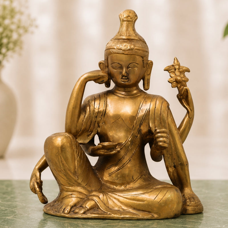 Brass Lokeshwar Buddha Idol, Avalokiteshvara Murti, Bodhisattva of Compassion Vigraha, Home & Temple Decor Statue, Peetal / Ashtadhatu Showpiece for Pooja and Gifts,Gold, 9.5 Inch, 1 Piece