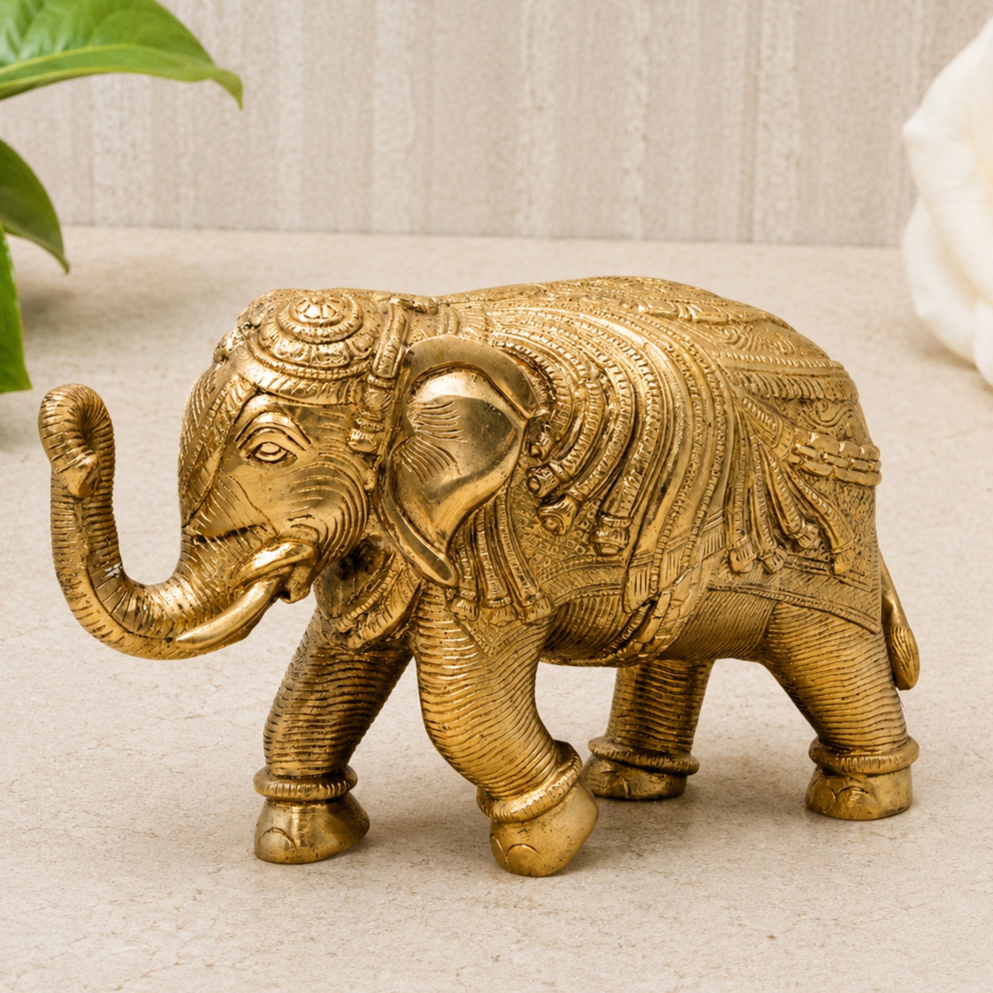 Brass Handcrafted Elephant Idol Gajraj Gajendra Kunjar Decorative Sculpture for Home Temple Pooja Vastu Good Luck Gift,Gold, 6 Inch, 1 Piece