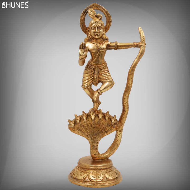 Brass Krishna Kaliya Mardan Idol – Gopala, Govinda, Bal Krishna Statue for Home, Temple & Office Decor,Gold, 13.5 Inch, 1 Piece
