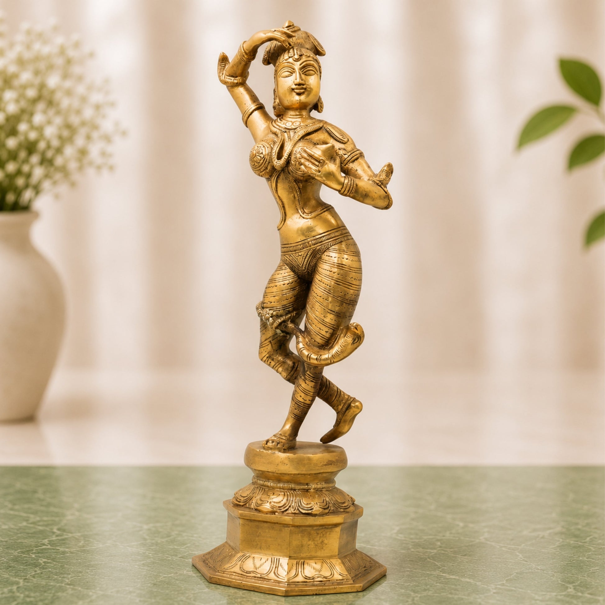 Brass Nag Kanya Idol, Naga Kanya Statue, Naagini Goddess Figurine for Home & Temple Decor, Gold, 16.5 Inch, 1 Piece