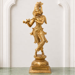 Brass Krishna Idol, Gopal Murti, Radha Krishna Statue, Lord Krishna Sculpture for Home, Temple & Puja Decor, Govinda, Keshava, Madhava, Bal Gopal, Banke Bihari,Gold, 15 Inch, 1 Piece