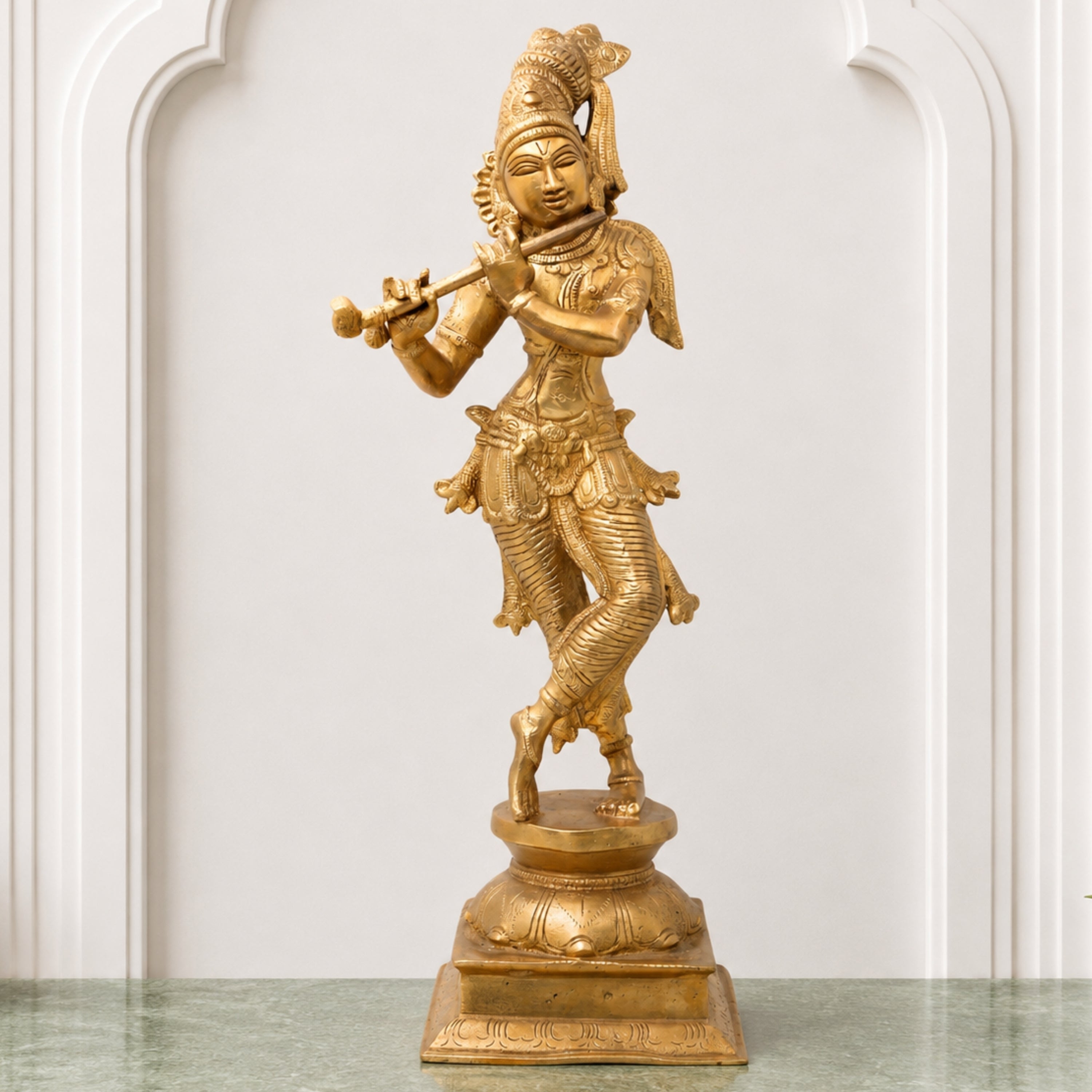 Brass Krishna Idol, Gopal Murti, Radha Krishna Statue, Lord Krishna Sculpture for Home, Temple & Puja Decor, Govinda, Keshava, Madhava, Bal Gopal, Banke Bihari,Gold, 15 Inch, 1 Piece