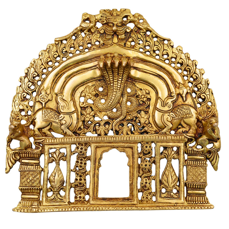 Brass Prabhavali Idol | Prabhavalli Temple Arch Frame | Mandala & Kirtimukha Halo for Murti | Decorative Brass Aura / Idol Backplate | Pooja Room & Home Temple Decor,Gold, 8 Inch, 1 Piece