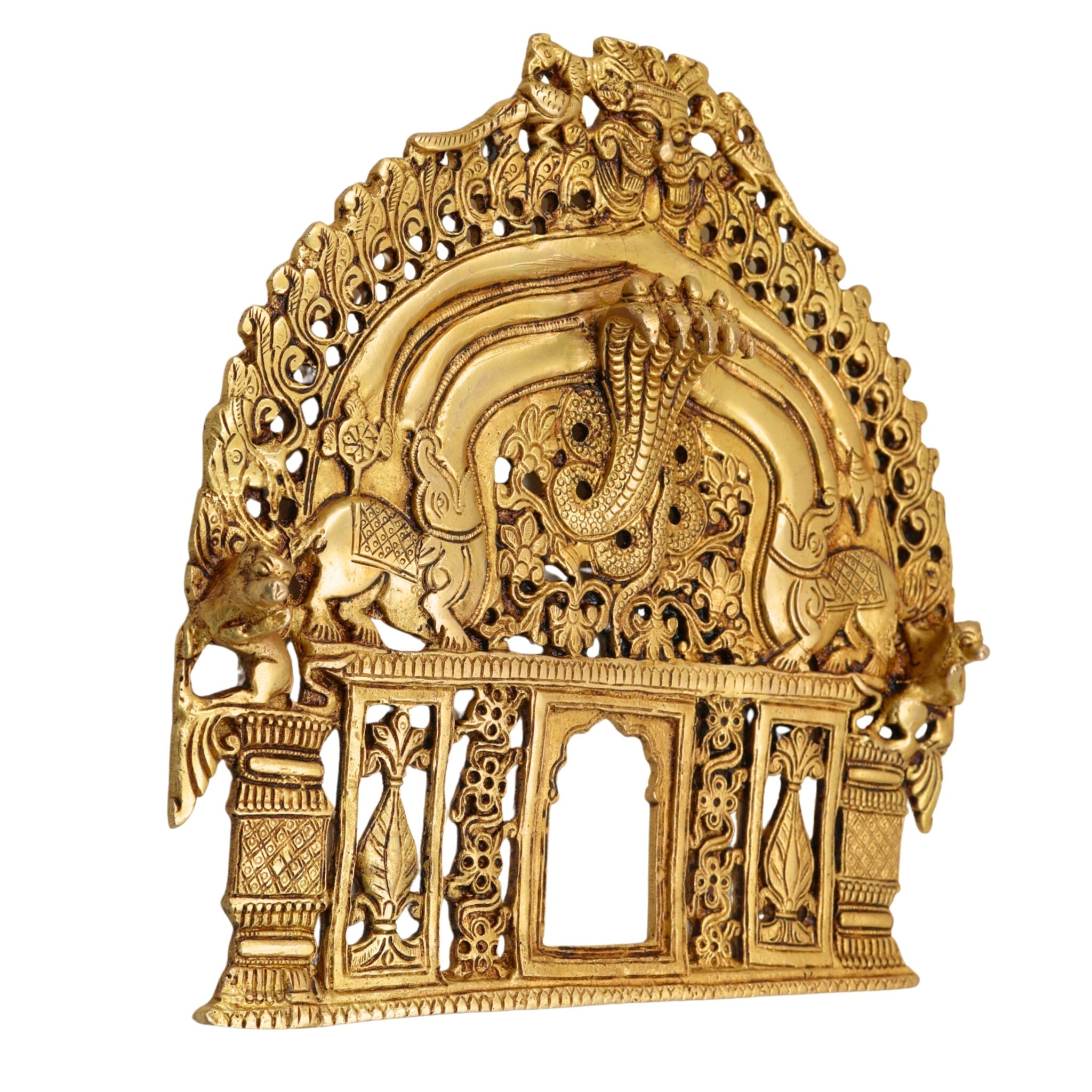 Brass Prabhavali Idol | Prabhavalli Temple Arch Frame | Mandala & Kirtimukha Halo for Murti | Decorative Brass Aura / Idol Backplate | Pooja Room & Home Temple Decor,Gold, 8 Inch, 1 Piece